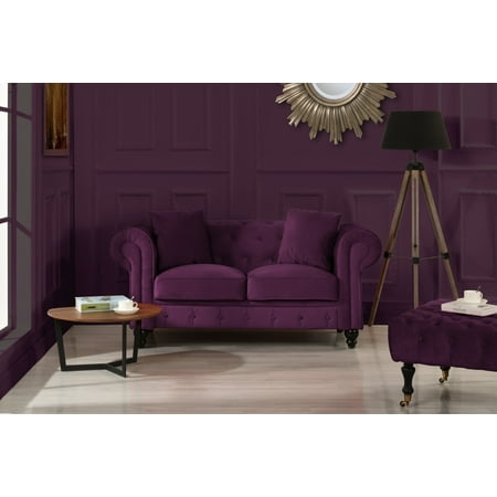 Clic Modern Scroll Arm Velvet Chesterfield Love Seat Sofa Purple