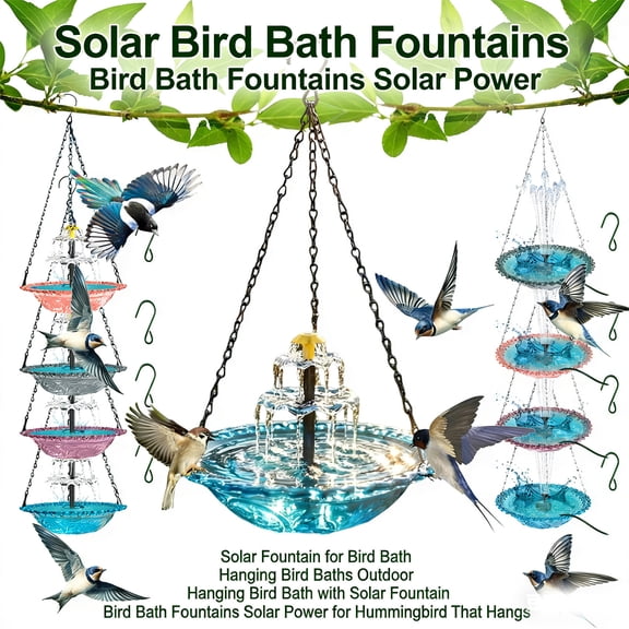 Hanging Bird Baths Outdoor with Solar Fountain, Glass Bowl Cascade Design Solar Powered, Outdoor Bird Bath Fountain for Garden Patio Yard Wild Birds Hummingbirds - #1-Blue