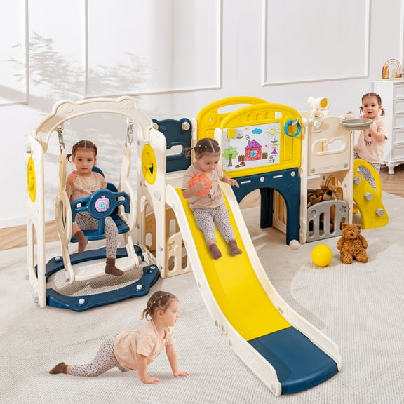 BUYWAY Toddler Swing and Slide, 12 in 1 Kids Slide Playset with Climber, Indoor Outdoor Backyard Playground Blue Yellow