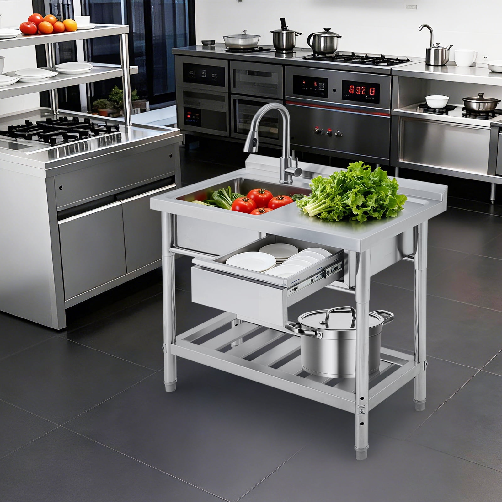 QinaQin 39 x 20 Inch Stainless Steel Sink with Worktop and Drawers, Freestanding Utility Sink with Pull Out Faucet