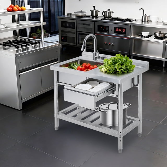 AKDSteel Stainless Steel Utility Sink With Workbench And Drawer, 39x20 Inch Freestanding Single Bowl Sink, Pull-Out Faucet And Hot/Cold Water Pipes, Perfect For Garage, Basement, Or Workshop