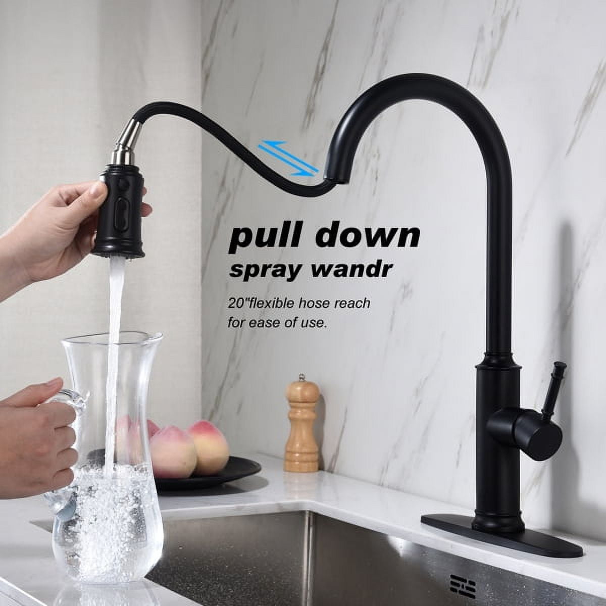 Brushed Nickel Kitchen Faucet with Pull-Down Sprayer – High Arc 360° Rotating Stainless Steel Faucet, Single Hole, Ceramic Valve & 1.8 GPM Flow