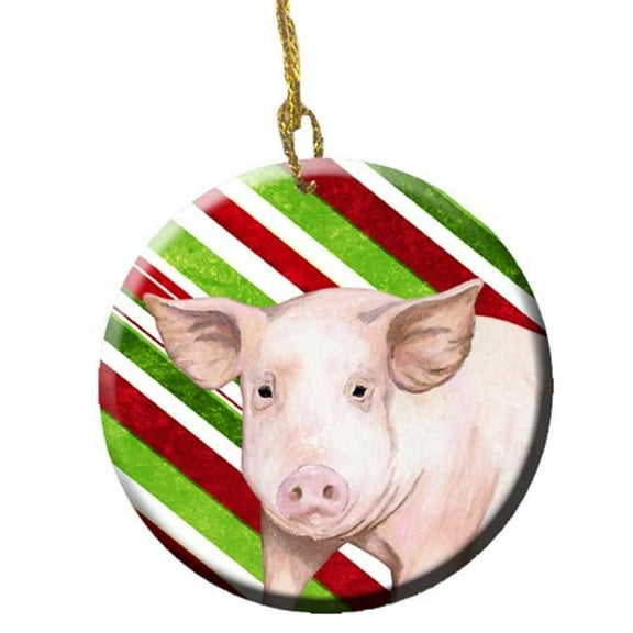Pig Candy Cane Holiday Christmas Ceramic Ornament, 2.81 Dia