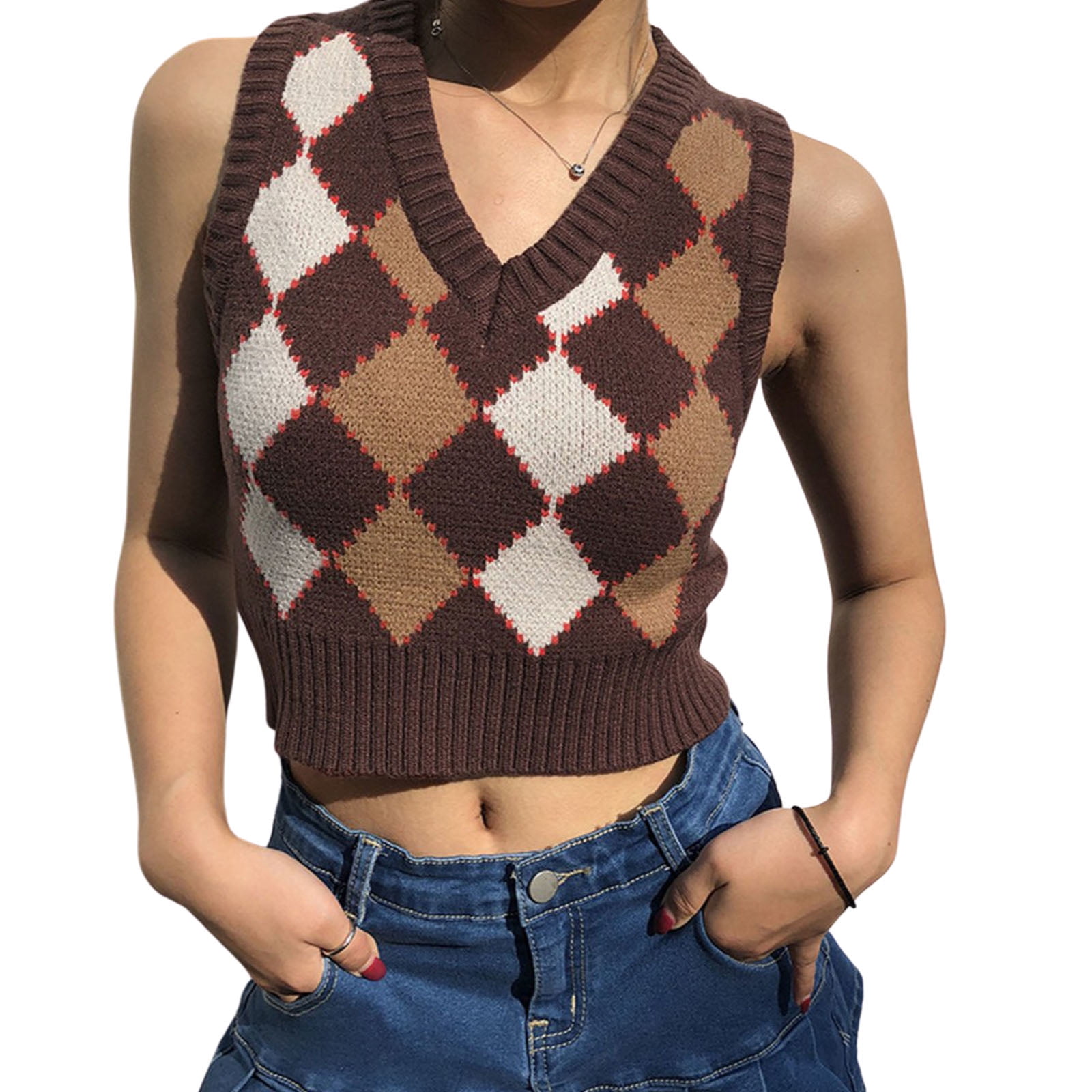 EYIIYE Women s Classic Argyle Sweater Vest Sleeveless V Neck Plaid Print Rib Knitted Crop Tank Top Walmart