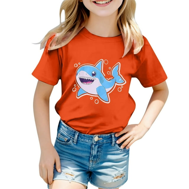 NINGMENG Hauts et T-Shirts pour Filles Tout-Petits Imprimé Graphique Océan Mignon Col Rond Manches Courtes Chandail T-Shirts Usage Quotidien, Orange, 4-5 Ans