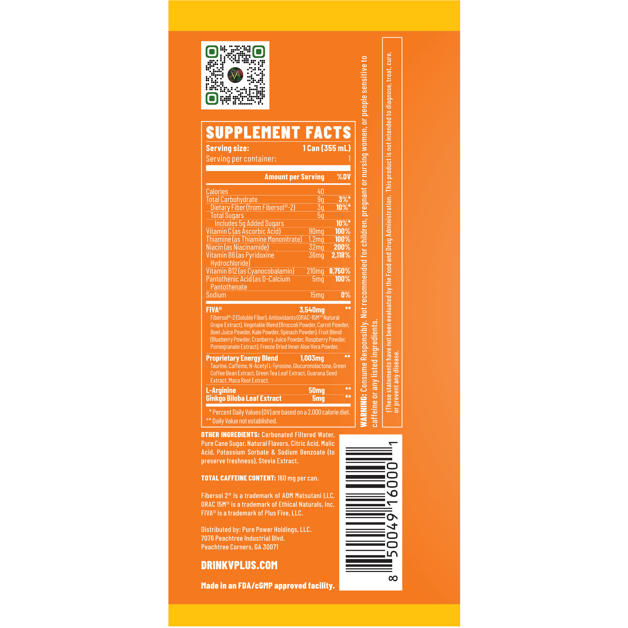 VPlus Energy Peach Mango Natural Energy Drink, 12 oz 12 pack cans