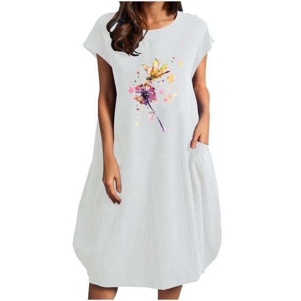Vestido suelto de manga corta informal con estampado floral de algodón y lino de verano para mujer con bolsillo y cuello redondo Pompotops ghjkhdj12063