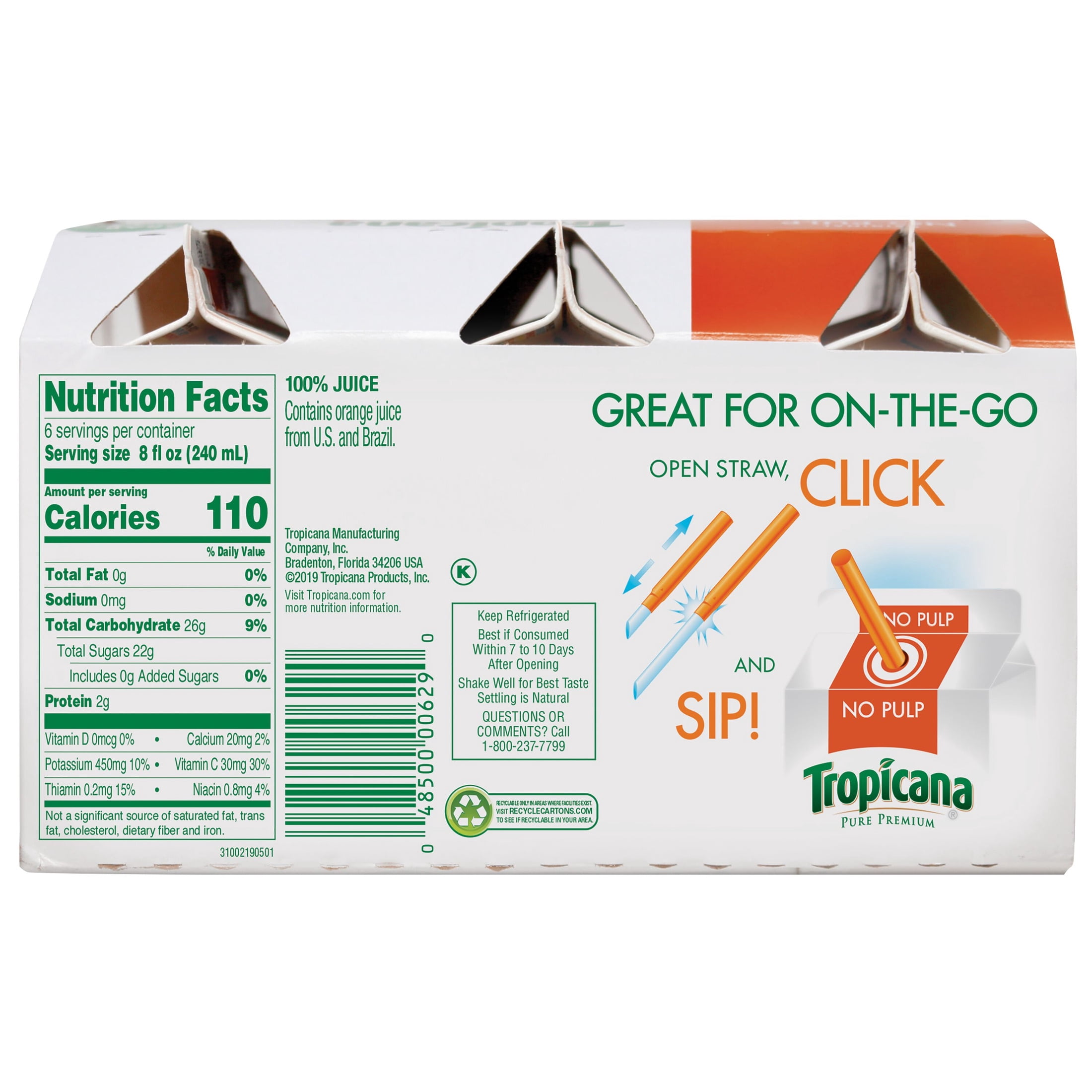 Tropicana Pure Premium 100% Orange Juice Original No Pulp, 8 Fl Oz Carton, 6-Pack