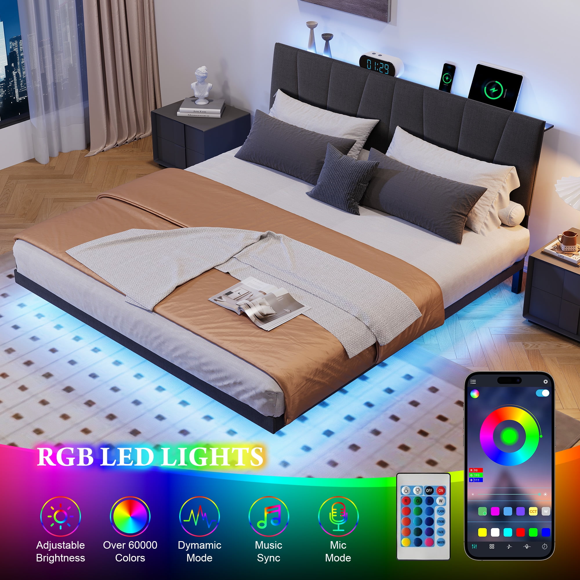 Neche Floating Upholstered Twin Full Queen King Platform Bed Frame with LED Lights, Charging Station & Storage Headboard, Gray