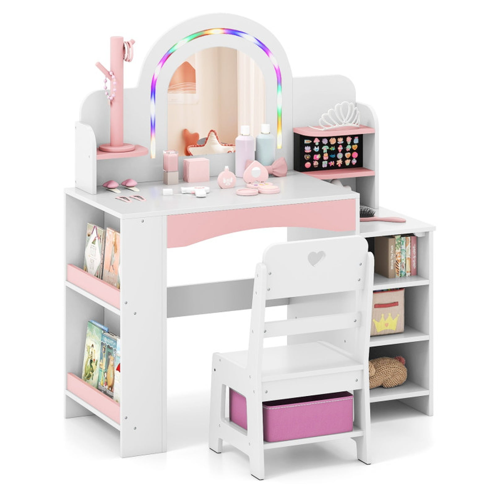 Furnibear Kids Vanity Table and Chair Set with Colorful LED Lights, Princess Makeup Dressing Table with Acrylic Mirror and Stool for Girls, White
