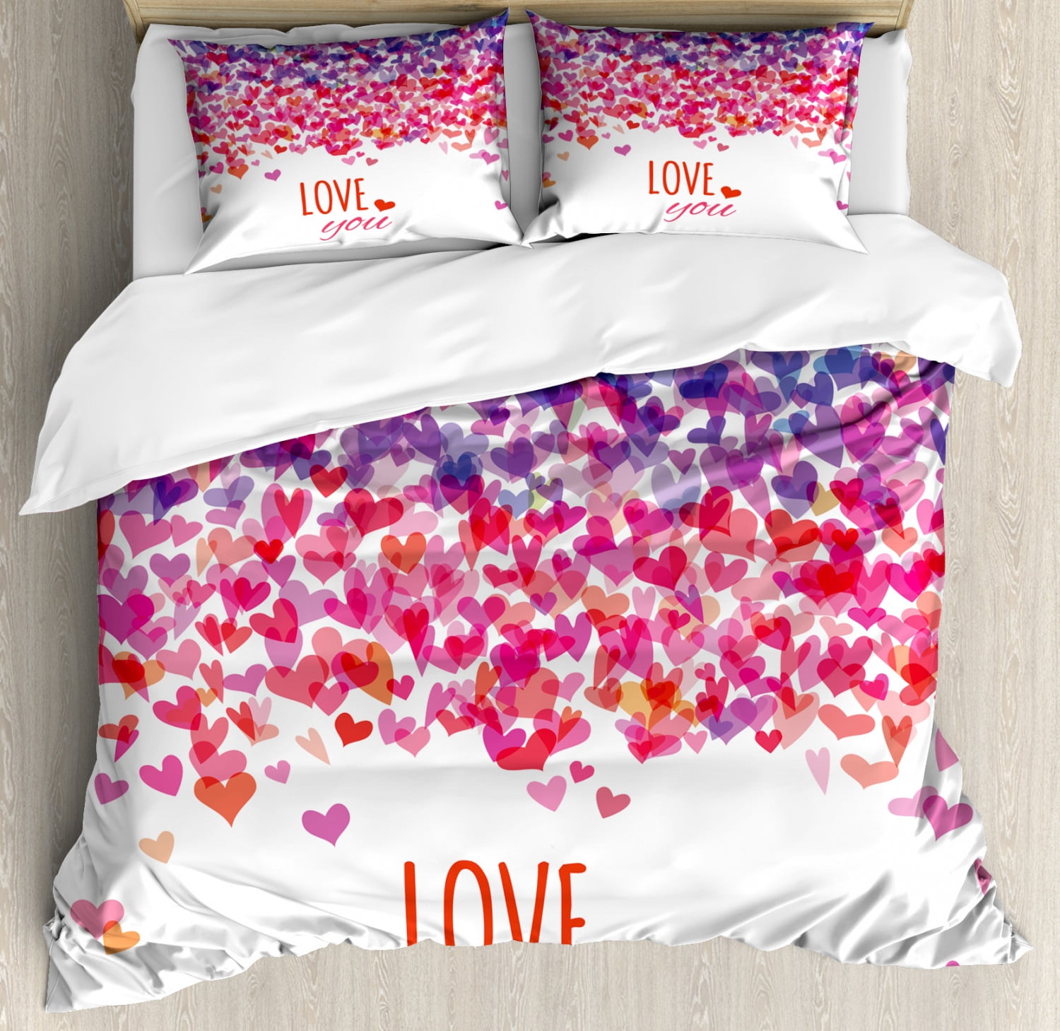 Love Duvet Cover Set, Hearts and Love You Message Romantic Valentine's