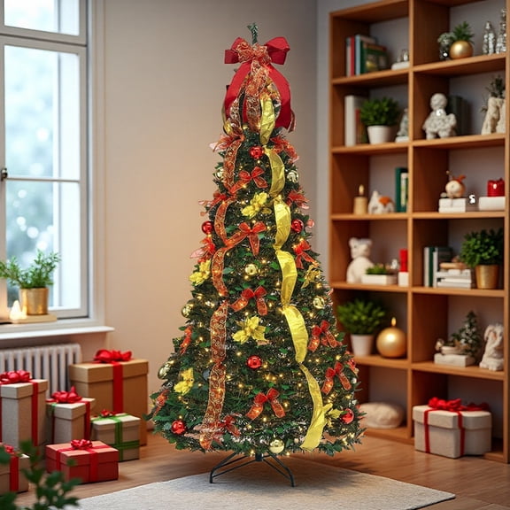 70-Inch Christmas Tree, 6ft Pop-Up Design with 200 Warm LEDs and Red & Gold Ornaments for Christmas Decorations Indoor and Outdoor