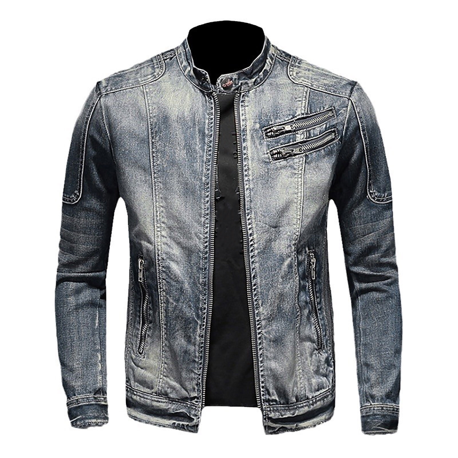 Dolkfu Distressed Mens Jackets Faux Leather Gray Trucker Jacket Slim Fit Motocycle Bike Jacket Men's Coats Winter L