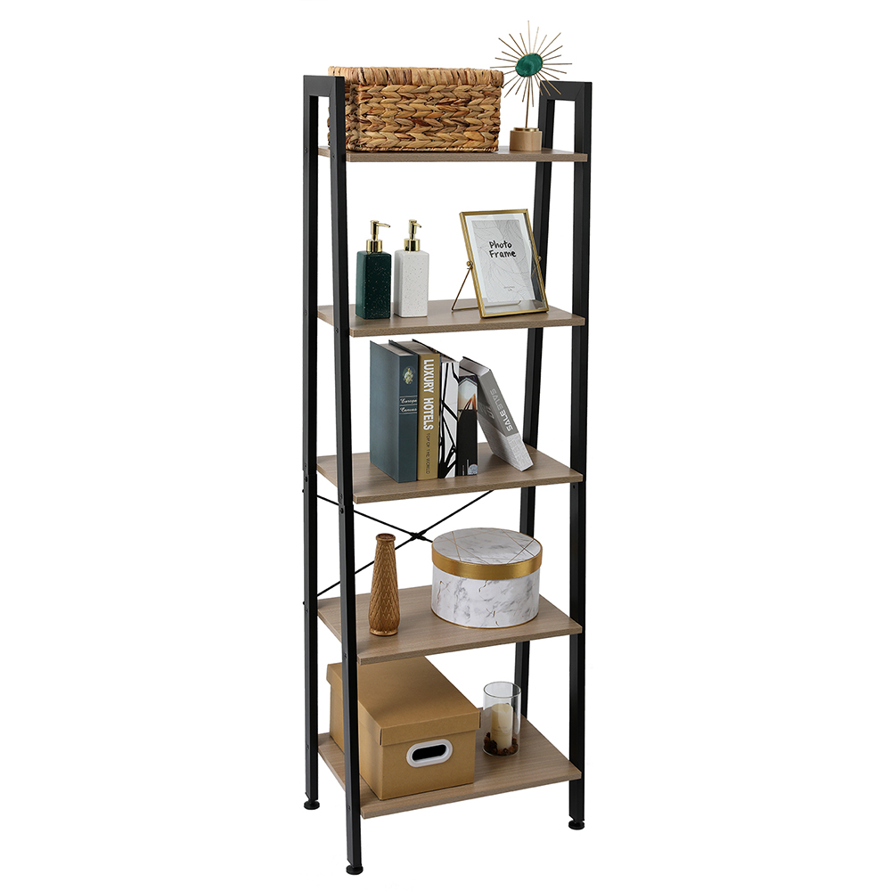 5 Tier Ladder Shelf Bookcase, Living Room Rustic Standing Shelf Storage