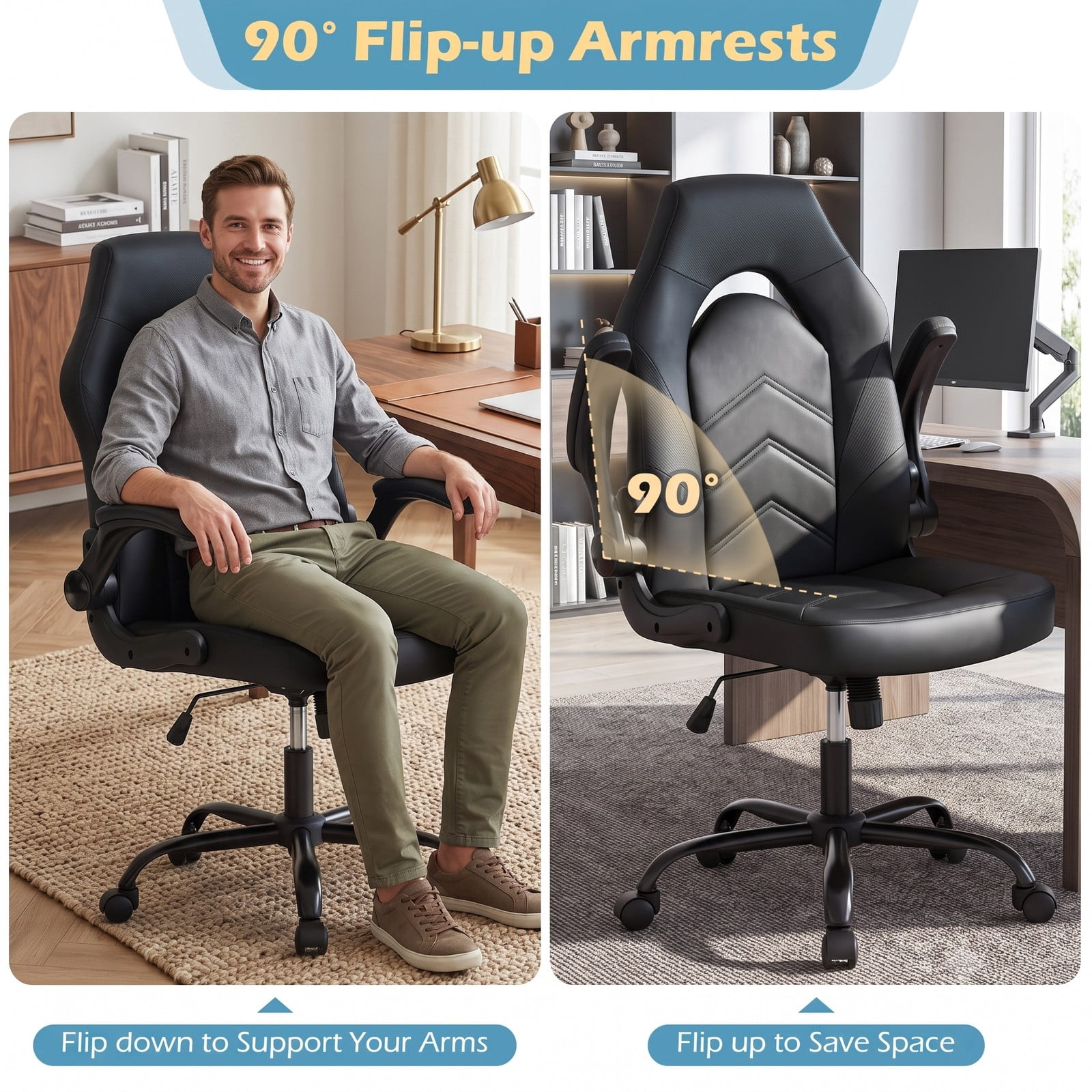 Furnibear Ergonomic Leather Office Chair, High Back Executive Computer Desk Chair with Flip-up Armrests, Adjustable Height Swivel Task Chair, Rolling Rocking, Black
