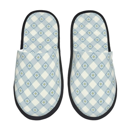 Balery Daisy Plaid Blue Slient Indoor Furry Fleece Comfort House Shoes Soft Non-Slip Home Shoes Cotton slippers House Slippers-- Medium