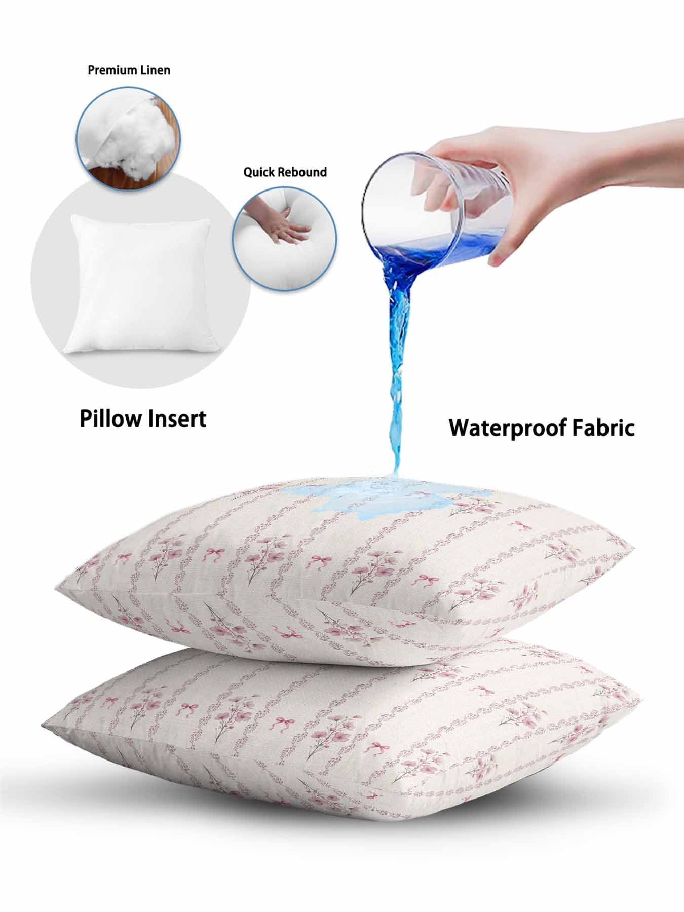 1 Pack Outdoor Throw Pillow, Pink Floral Waterproof Pillow with Insert Included, Spring Watercolor Flowers Leaf Bows Beige Decorative Accent Cushion Sofa Pillows for Patio Porch, 18 x 18 In