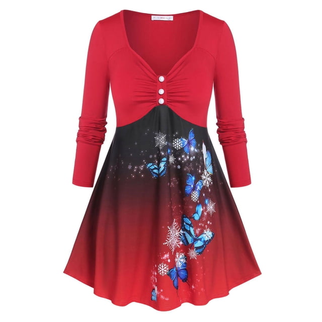 Camiseta en a de Talla Extra con Estampado de Mariposa y Copo de Nieve Ombre Rosegal Mangas largas de talla grande