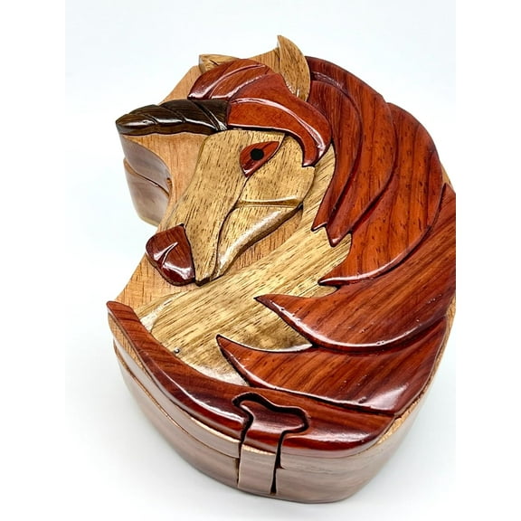Unicorn Wooden Puzzle Box - All-Natural Wood Intarsia Art - Handcrafted with Secret Compartment