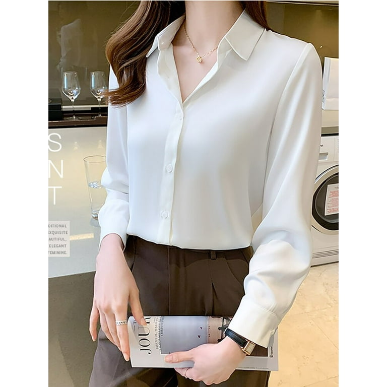 PIKADINGNIS Spring White Blouse Women Fashion V-neck Satin Long Sleeve  Elegant Office Ladies Shirts Casual Tops And Blouses Femme