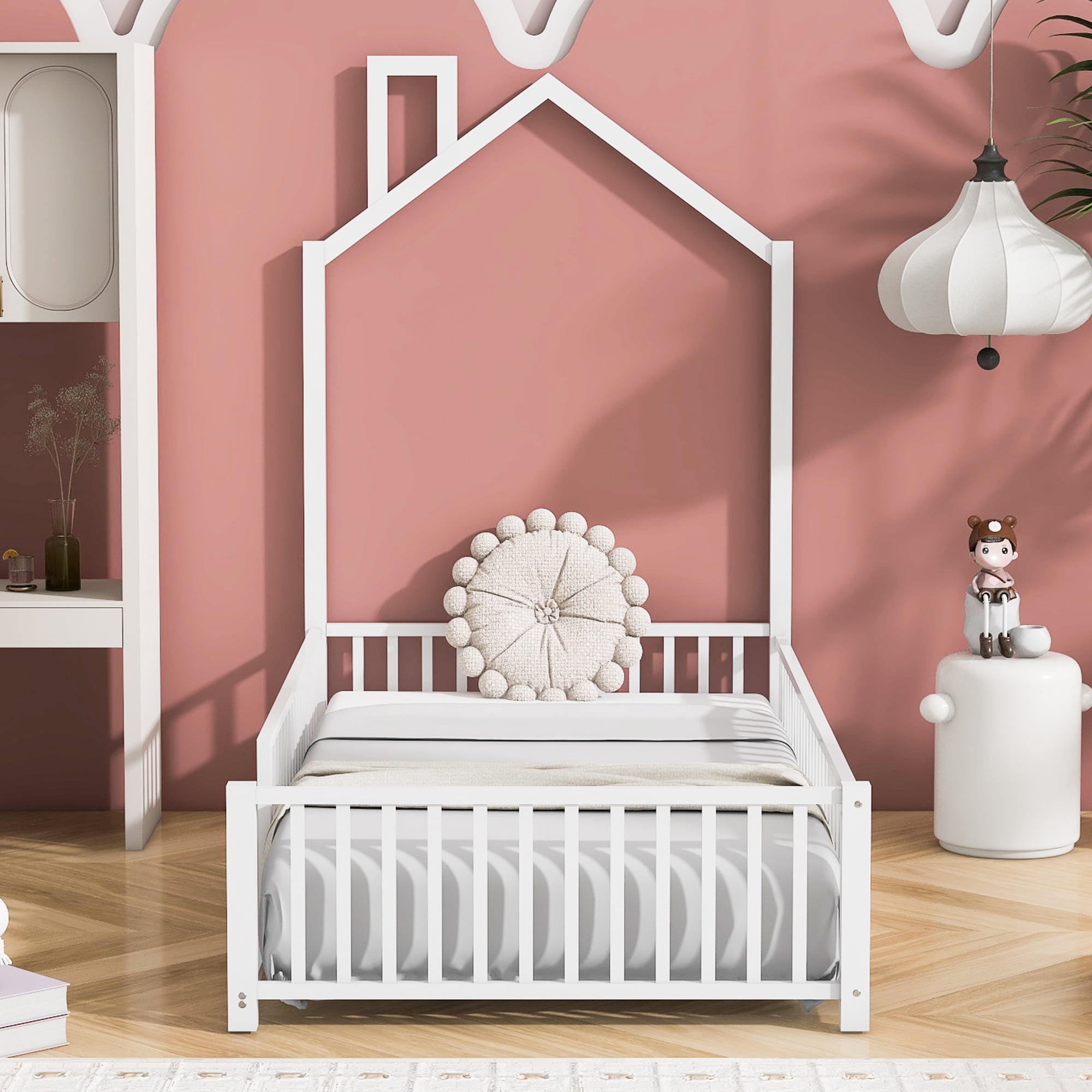 MODERNLUXE Twin Size Platform Bed Frame, House Floor Bed with Guardrail and Chimney, White