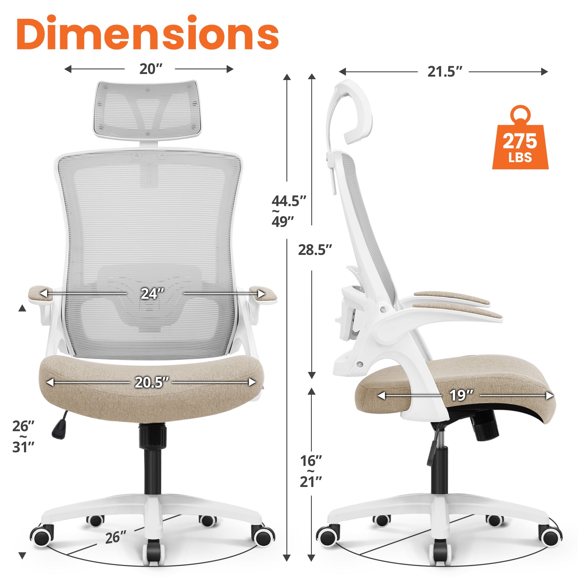 NEO Chair Office Desk Chair Gaming Computer High Back Support Mesh Comfy Seat with Adjustable Ergonomic Headrest Lumbar Rolling Flip-up Armrests and Wheels (Beige)