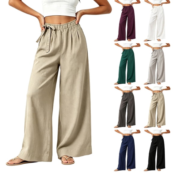 Liweisiy Linen Wide Leg Pants For Womens Tie Knot Solid Relaxed Fit Lightweight Trousers Casual Loose Daily Loungewear Black 2XL