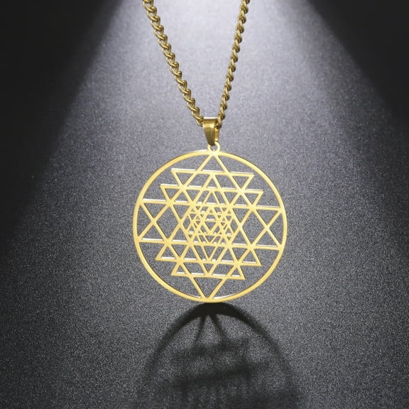 Buddhism Sri Yantra Symbol Pendant Necklace 14K Yellow Gold Hindu Chakra Amulet Necklace for Men Vintage Jewelry Gift
