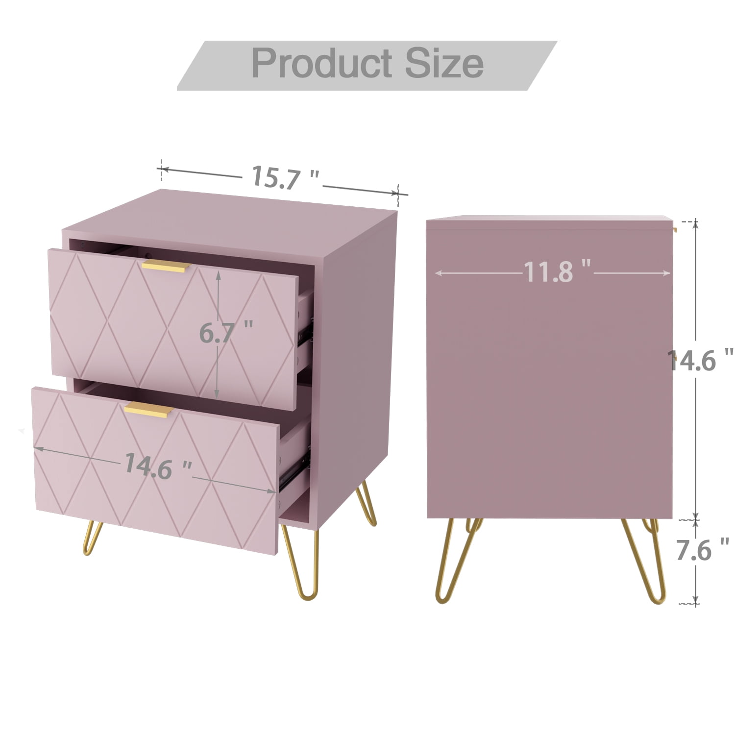 Eclife Set of 2 Pink Nightstands Gold Handles and Legs Wide Sturdy Side Table Cabinet for Bedroom Home Adult Kids