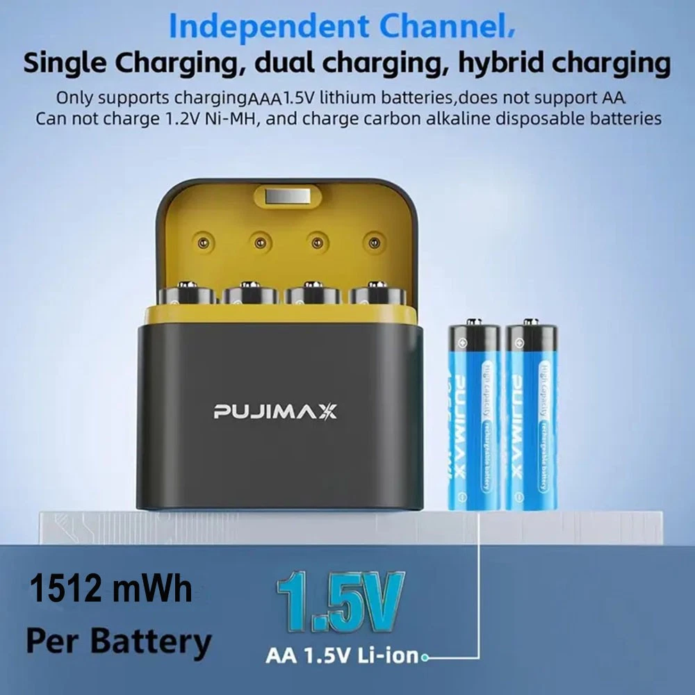 PUJIMAX 1.5V AAA 1512mWh Rechargeable Lithium Batteries 8-Pack Smart Charger 1600 Cycles