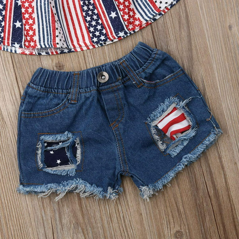 2Pcs Summer Toddler Baby Girl Clothes Off Shoulder Ruffle Striped Cropped Tops  Denim Shorts Outfits Set Children's Clothing 