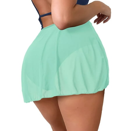 Rigardu Women Swim Cover Ups Swimsuit Cover-Up Skirts Short Mesh Sheer See-Thru Bikini Coverups High Waist Mesh Mini Skirt Women s Solid Color High Waisted Slim Swimming Bottoms Wrap Skirt