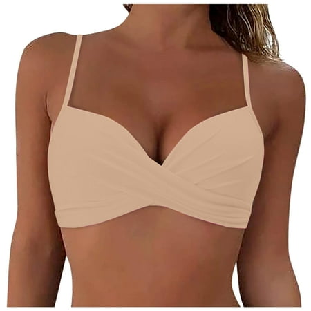 PEASKJP Underwire Bikini Top Women Bikini Top Push Up Swim Top Halter Retro Bathing Suit Top Padded Swimsuit Top Only (Beige L)
