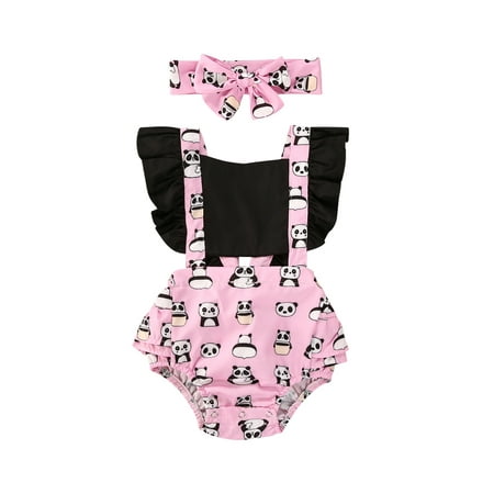 

jaweiw Toddler Baby Girls Summer Bodysuit Panda Print Ruffle Sleeveless Jumpsuit+Bowknot Headband