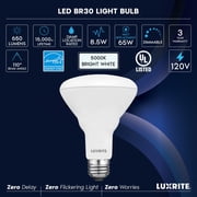Luxrite BR30 LED Flood Light Bulb, 8.5W65W, 5000K Bright White, 650 Lumens, Dimmable, Damp Rated, UL, E26 6 Pack