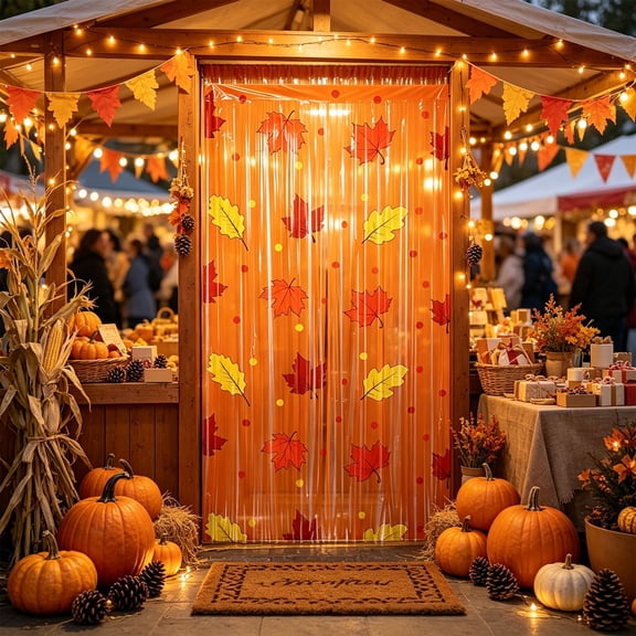 Racsoh Maple Leaf Foil Fringe Curtain, Orange Fall Photo Backdrop, Glossy Plastic Streamer Door Cover, for Thanksgiving Party Doorway Window Decor