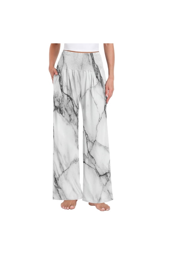 Women's High Waisted Wide Leg Pants Casual Summer Trousers with Pockets Smocked Waist Soft Breathable Lounge Pants for Home Yoga Travel Shopping S-XXL Elegant Marble Texture Print