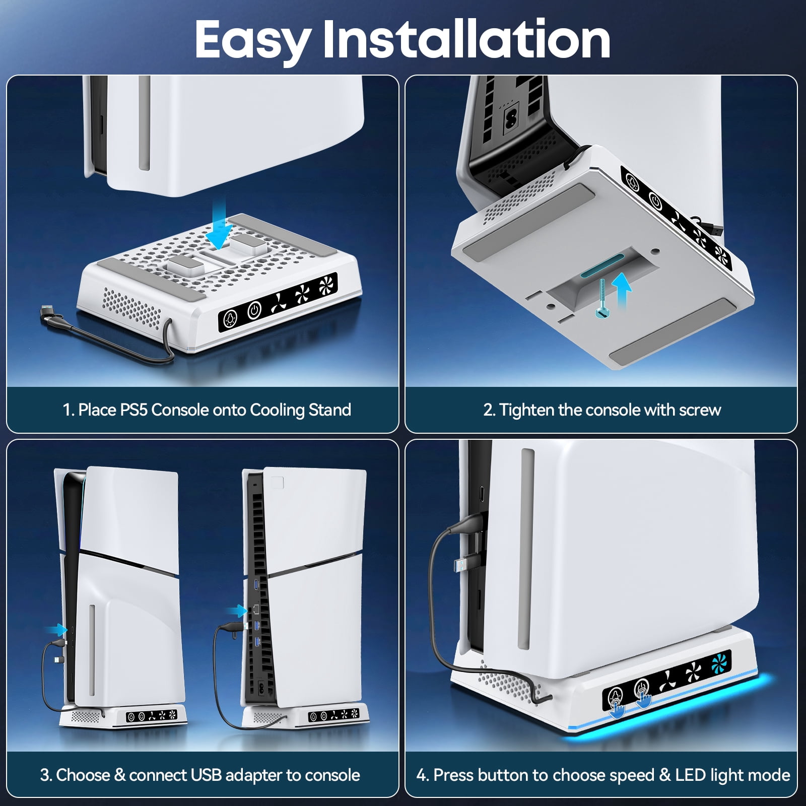 PS5/Pro/Slim Stand and Cooling Station with RGB Light, 3 Adjustable Speeds Cooling Fan, PS5 Accessories
