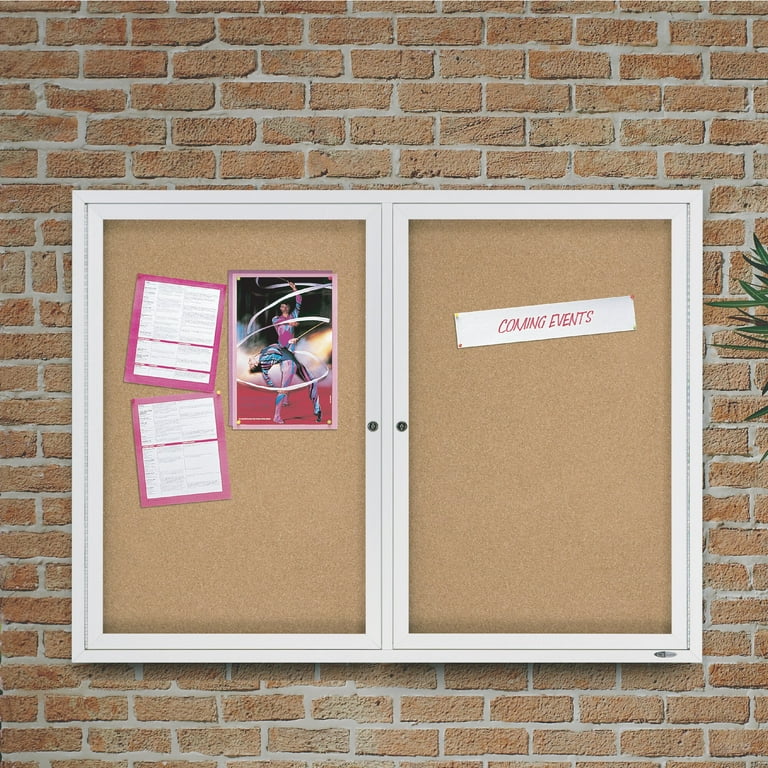 Enclosed Indoor Cork Bulletin Board with Two Hinged Doors, 48 x 36, Tan Surface, Silver Aluminum Frame Enclosed Indoor Cork Bulletin Board with Two Hinged Doors, 48 x 36, Tan Surface, Silver Aluminum Frame
