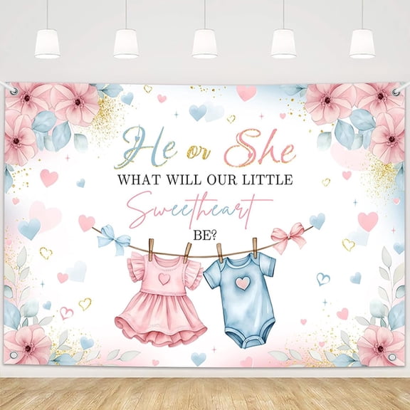 Sweetheart Gender Reveal Backdrop Floral He or She Blue or Pink Background for Valentine's Day Gender Reveal Party Decorations Banner Supplies Photo Booth Props
