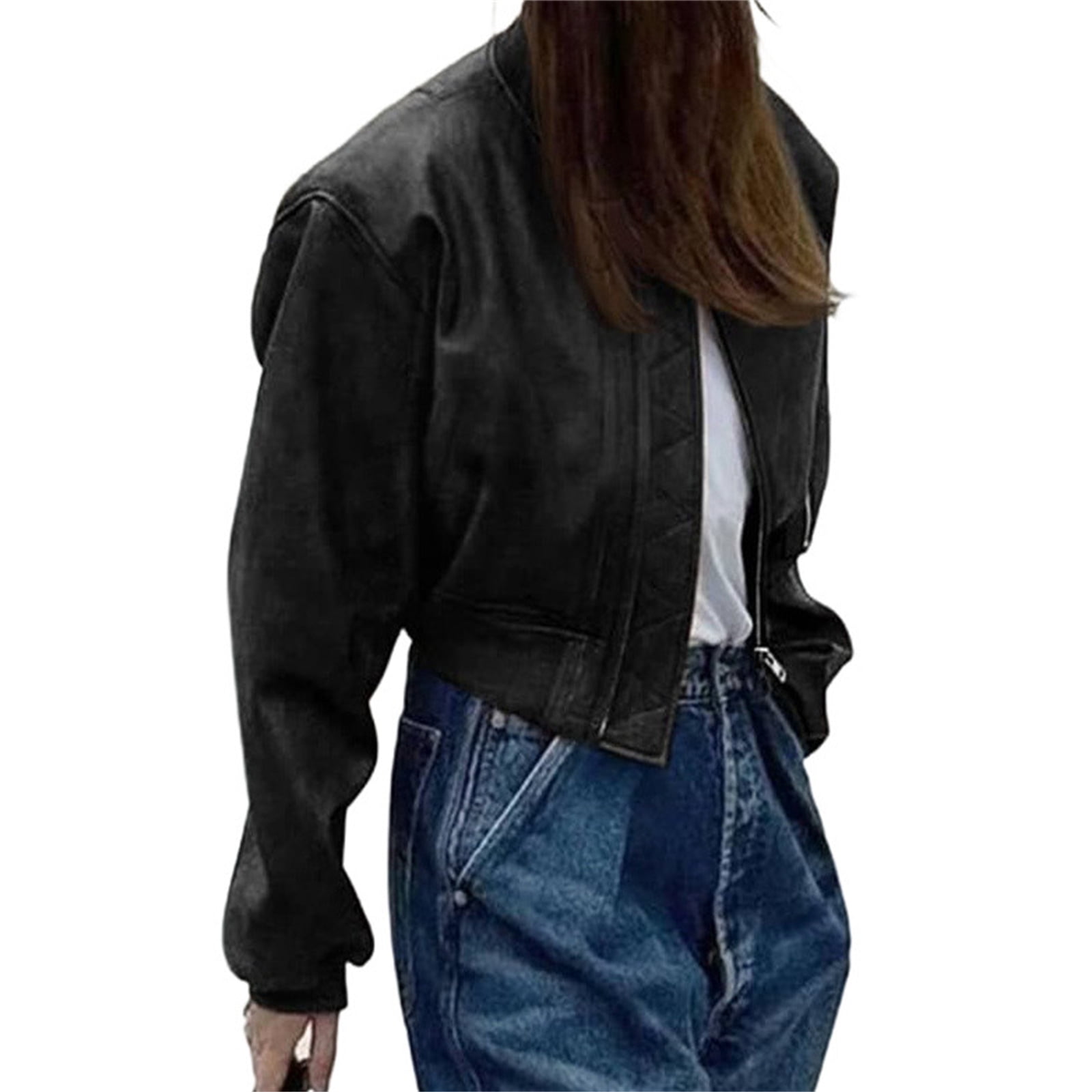 Womens Faux Leather Bomber Jackets Baseball Collar Zip Up Cropped Biker Coat with Pockets