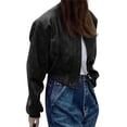 thumbnail image 5 of Womens Faux Leather Bomber Jackets Baseball Collar Zip Up Cropped Biker Coat with Pockets, 5 of 7