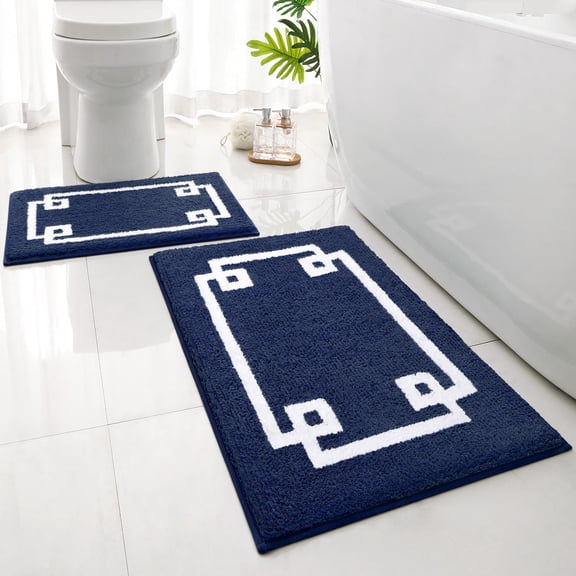 LKIFFA-Bathroom Rugs Sets 2 Piece, Soft and Water Absorbent Microfiber Carpet, Non-Slip Washable Bath Mats (20"x32" 16"x24", Navy Blue and White)