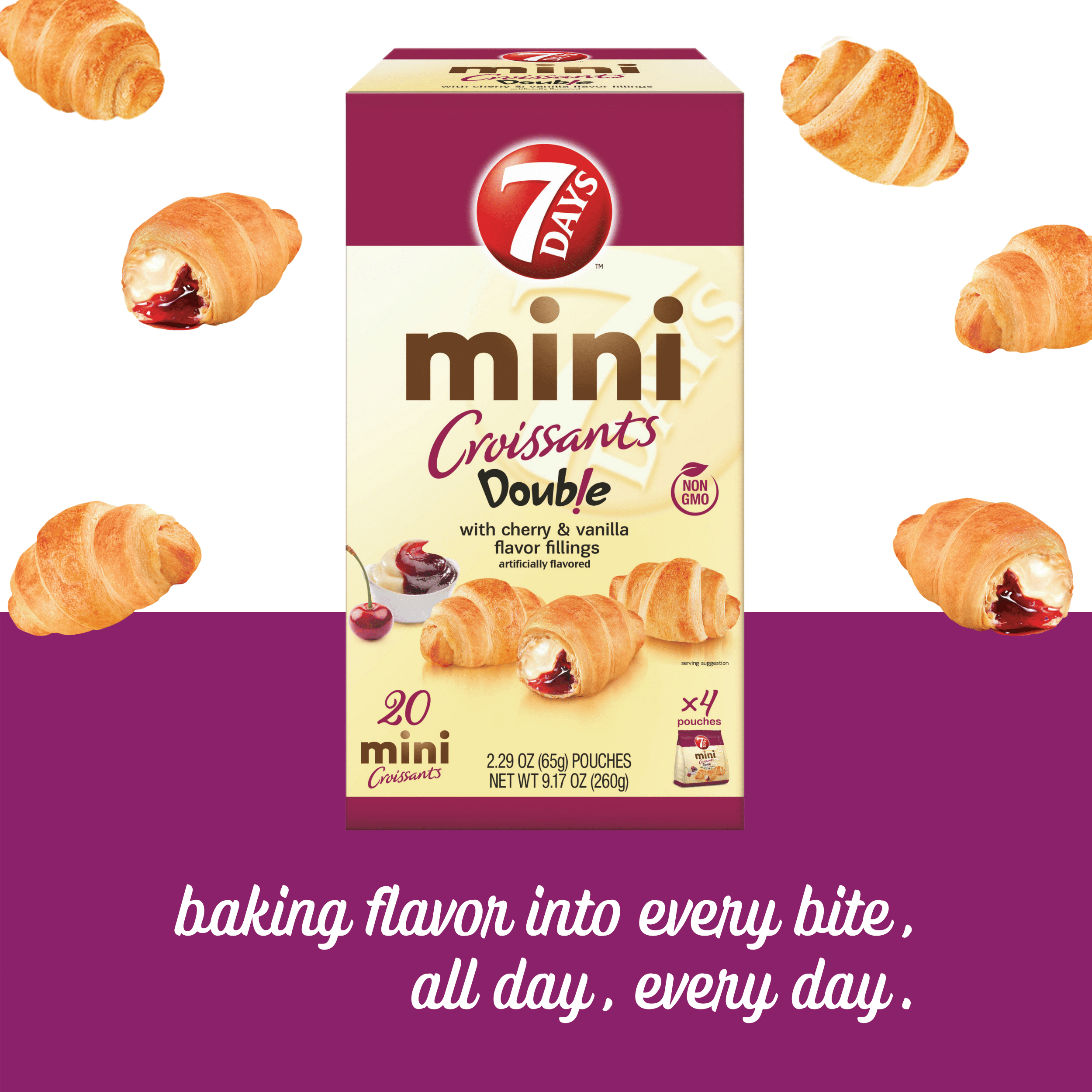 7DAYS GMO-Free Cherry & Vanilla Flavor Mini Croissant Pastries, 8.5 Oz, 20 Count