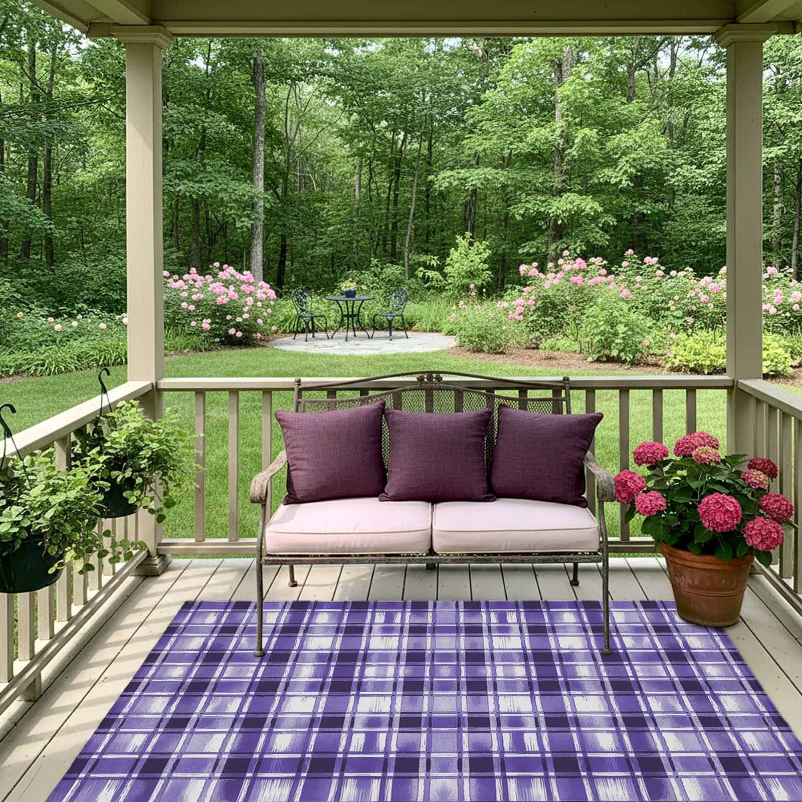 Purple Plaid Outdoor Rug 6x9 Ft, Non Slip Washable Area Rug, Modern Art Checkered Farmhouse Patio Rugs Carpet Runner, Large Floor Mat for Indoor/Outdoor Deck Porch Camping