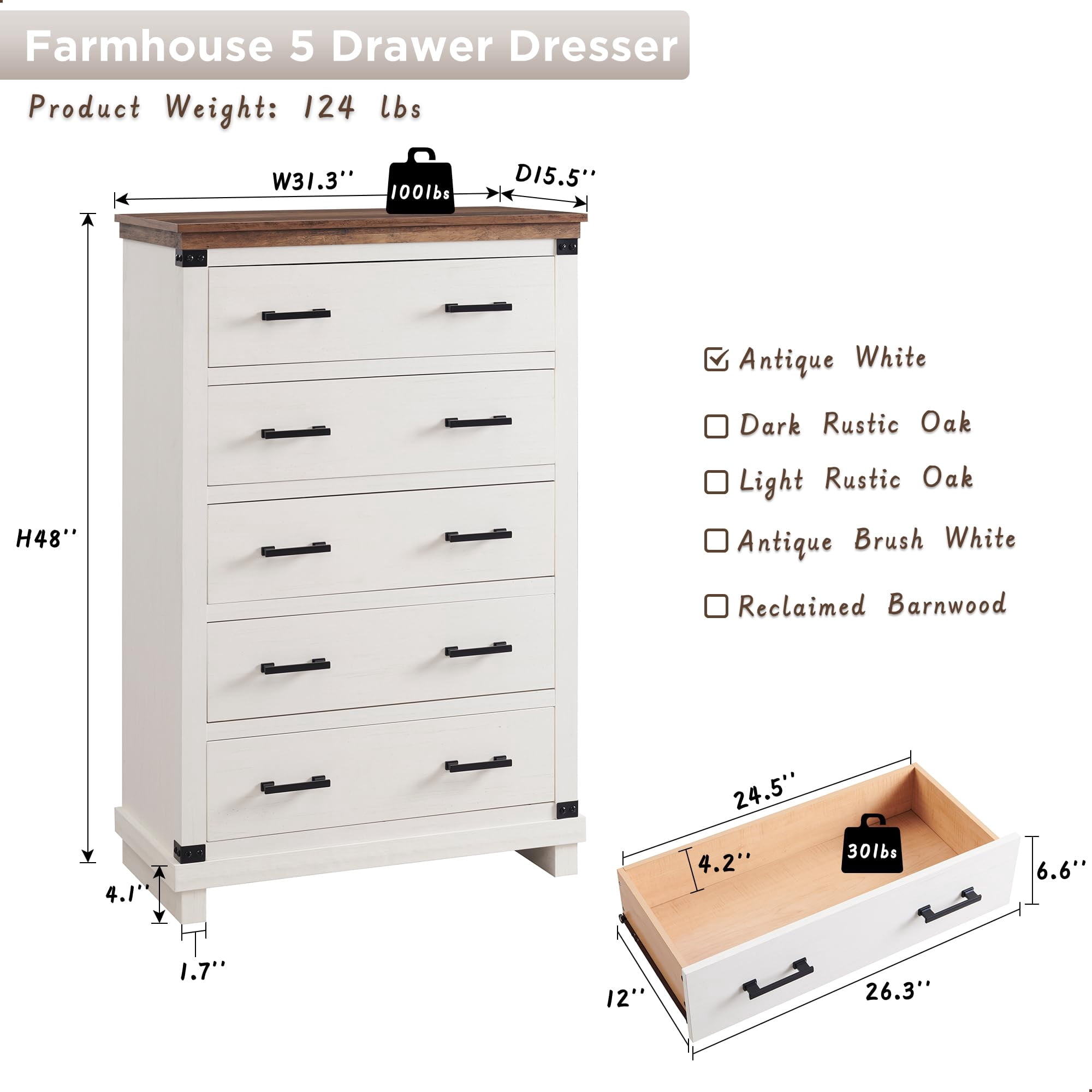 OKD Farmhouse 5 Drawers Dresser for Bedroom, Wood Tall Chest of Drawers with Thick Plank Styling, Rustic Closet Dresser for Bedroom, Living Room, Antique White