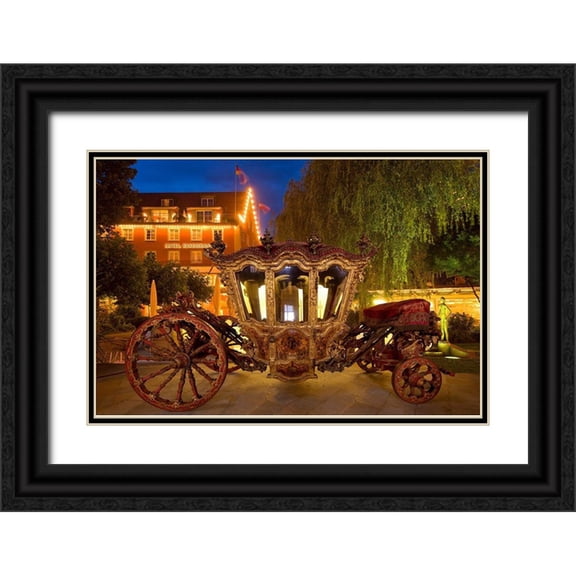 Jaynes Gallery 24x17 Black Ornate Wood Framed with Double Matting Museum Art Print Titled - Germany-Lindau Island-Lake Constance Victorian ornate carriage in front of hotel at night