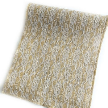 Way To Celebrate! 12"X8' Burlap Nature With Full White Lace Table Runner,1 Each