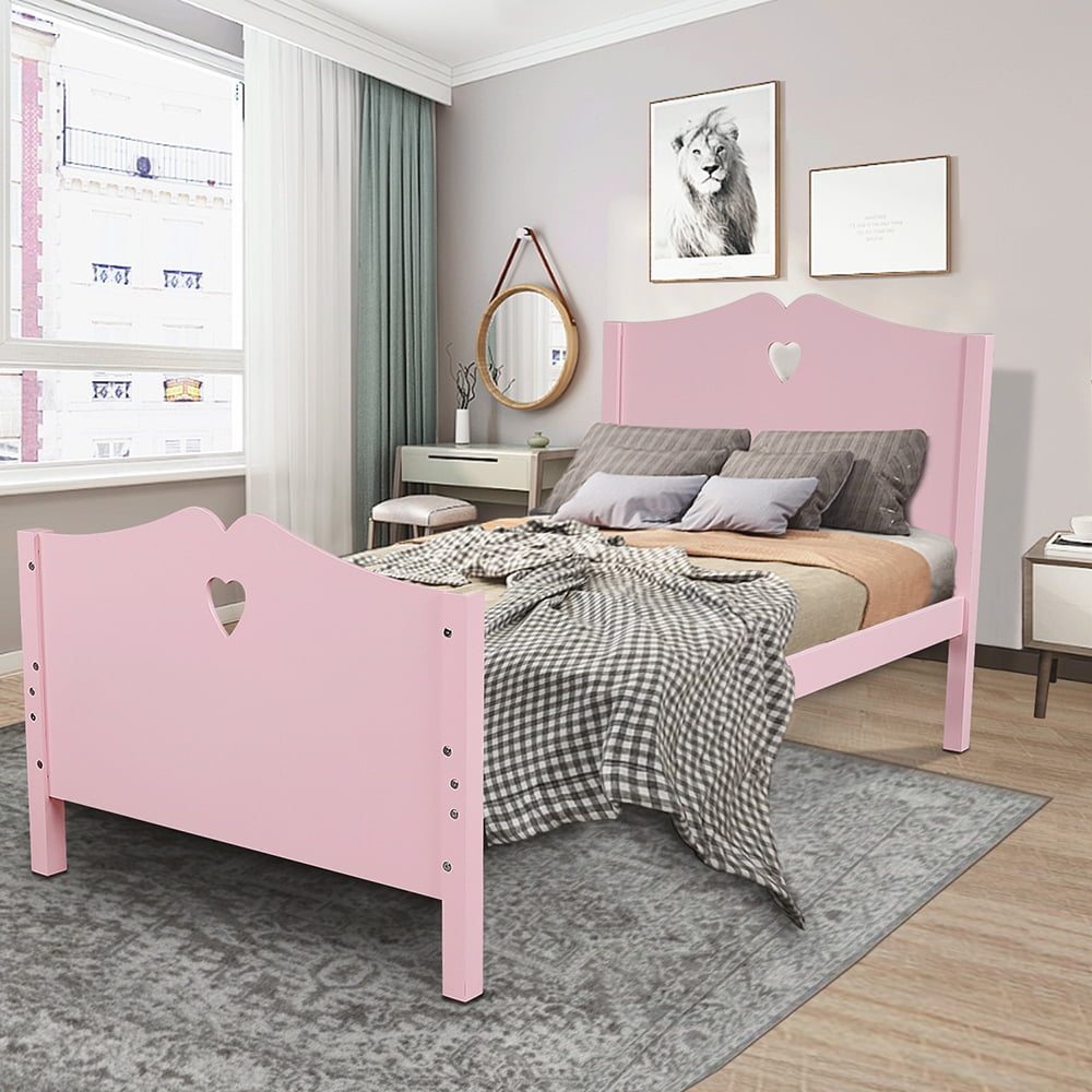 Lowestbest Platform Beds for Teens, Twin Size Bed Frame with Wood Slat Support and Headboard and Footboard, Pink