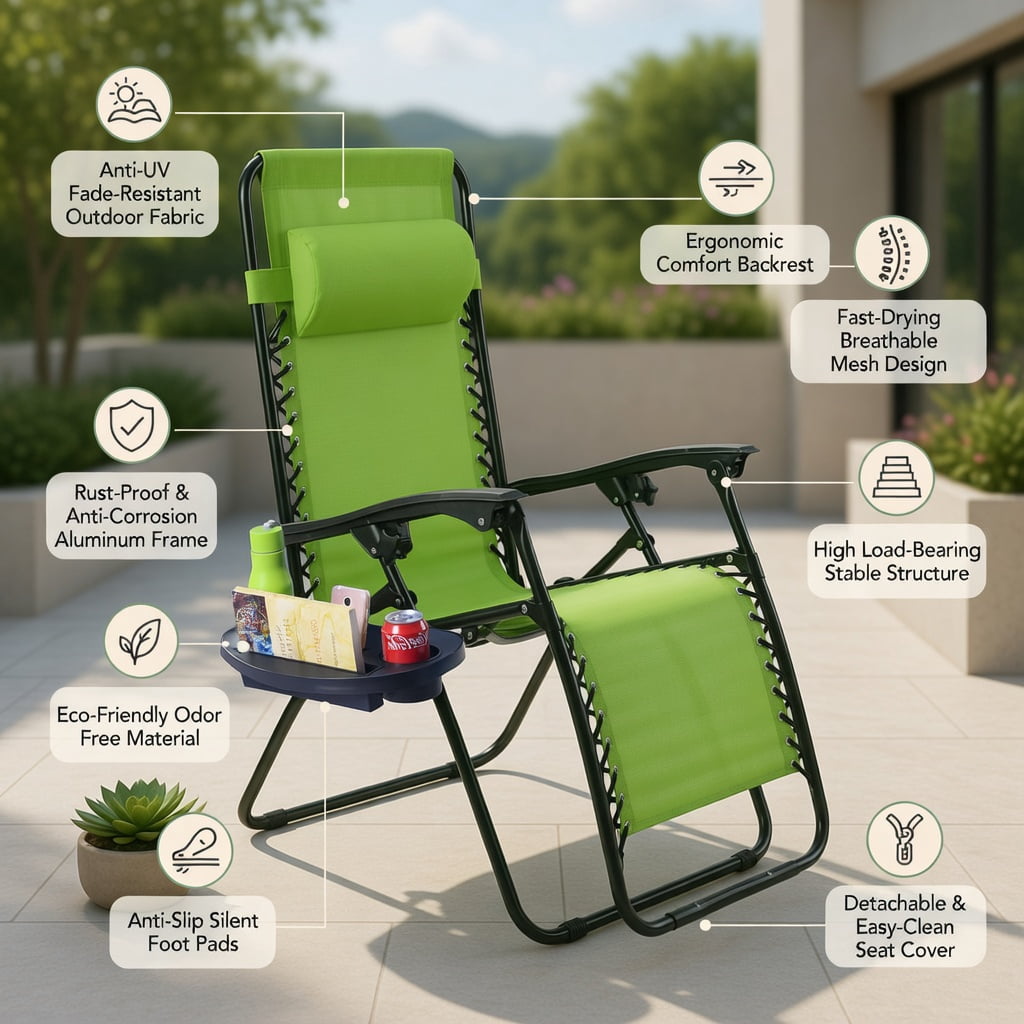 Hommoo 2-Pack Zero Gravity Folding Lounge Chairs with Adjustable Headrest & Removable Tray, Outdoor Indoor Recliners for Back Support, Green